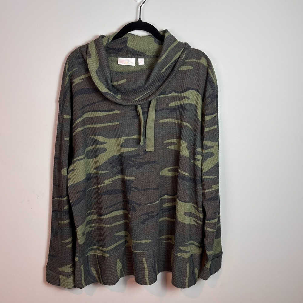 belle Kim Gravel Womens Green Camo Cowl Neck Cotton Knit Long Sleeve Top sz 2X